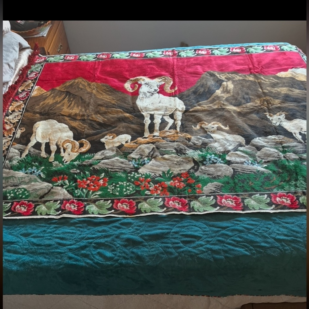 Tapestry Vintage Floral Mountain Ram and BigHorn Sheep. Red, Green, Teal
